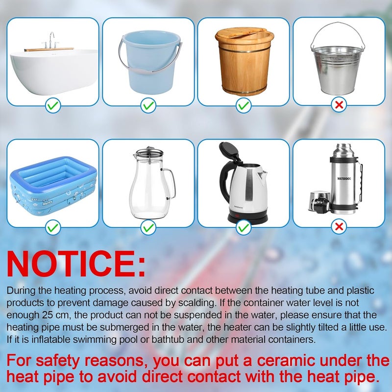 Rugam Portable Immersion Water Heater 1500W 110V Dual Voltage Portable Water Heater Electric Travel Accessories - Immersion Heater Travel Water Boiler Water Heating Rod fit for Bucket Pool Bathtub - Image 2
